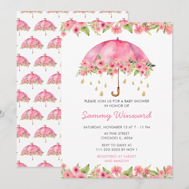 Invitation Baby shower parapluie rose (Devant / Derrière)