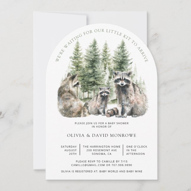 Invitation Baby shower Parents Raccoon Aquarelle Cute (Devant)