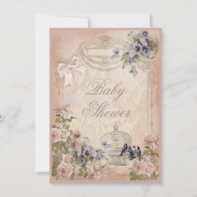 Invitation Baby shower parisien des oiseaux, des oiseaux et d (Devant)