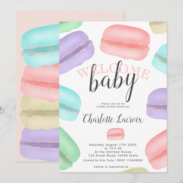 Invitation baby shower parties scintillant macarons français  (Devant / Derrière)