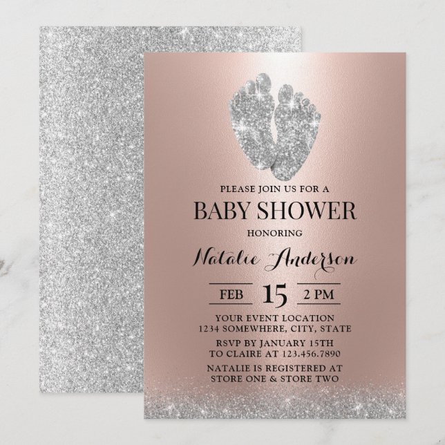 Invitation Baby shower Parties scintillant Pieds bébé Rose mo (Devant / Derrière)