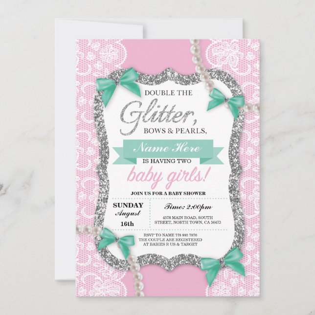 Invitation Baby shower Parties scintillant rose Bow Twins Fil (Devant)