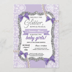Invitation Baby shower Parties scintillant violette  jumelles