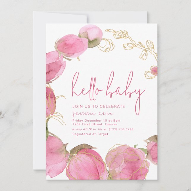 Invitation baby shower Party Modèle Fleurs roses (Devant)