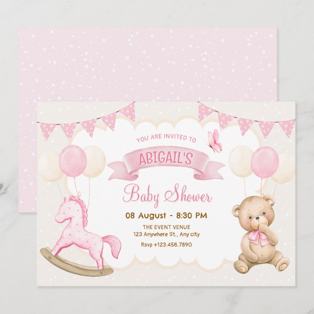 Invitation Baby shower pastel crème rose (Devant / Derrière)