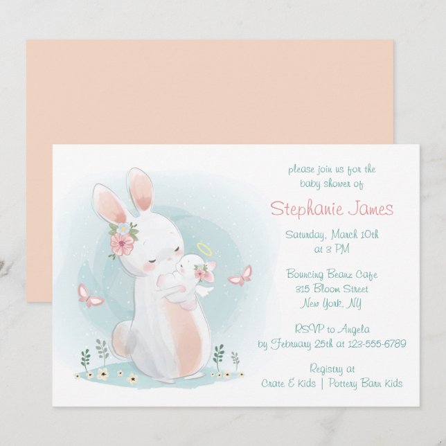 Invitation Baby shower Pastel Mère et Bébé Lapin (Devant / Derrière)