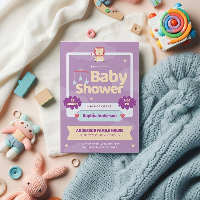 Invitation Baby shower Pastel Purple - Lion mignon (Créateur téléchargé)