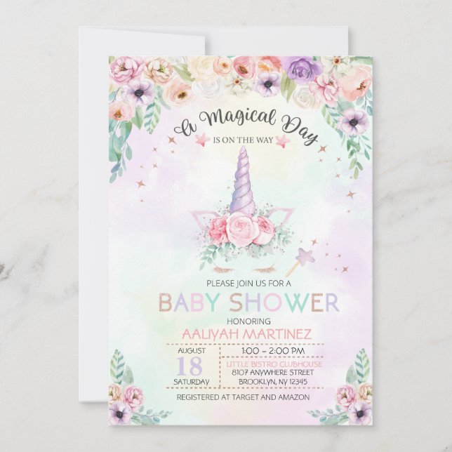Invitation Baby shower Pastel Rainbow Unicorn (Devant)
