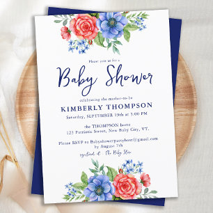 Invitation Baby shower Patriotique Floral Rouge Bleu