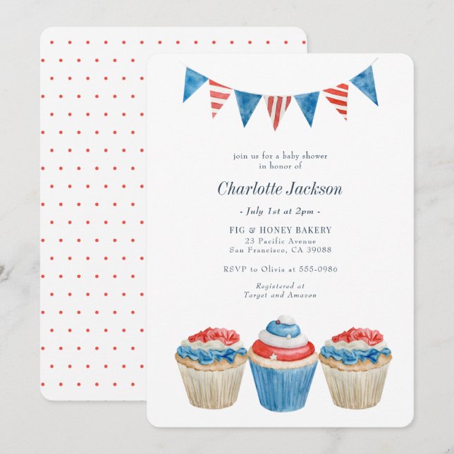 Invitation Baby shower patriotique rouge, blanc et bleu (Devant / Derrière)