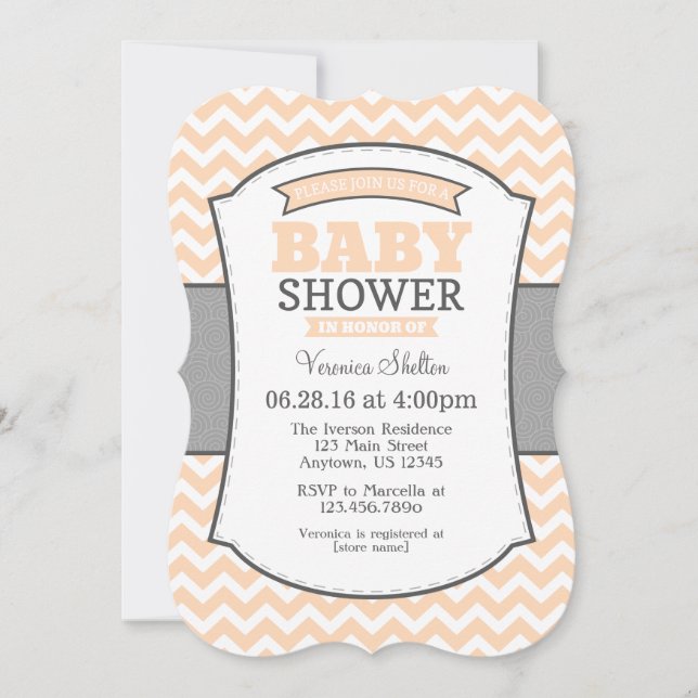 Invitation Baby shower Peach Grey Chevron (Devant)