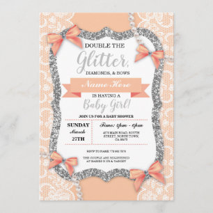 Invitation Baby shower Peach Lace Parties scintillant Bow Gir