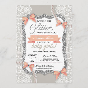 Invitation Baby shower Peach Parties scintillant Bow Twins Gi