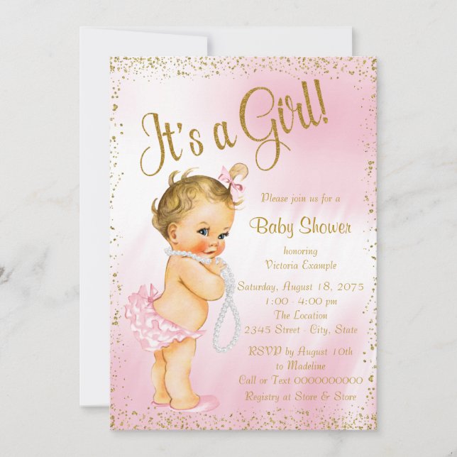 Invitation Baby shower Pearl Parties scintillant rose et or (Devant)