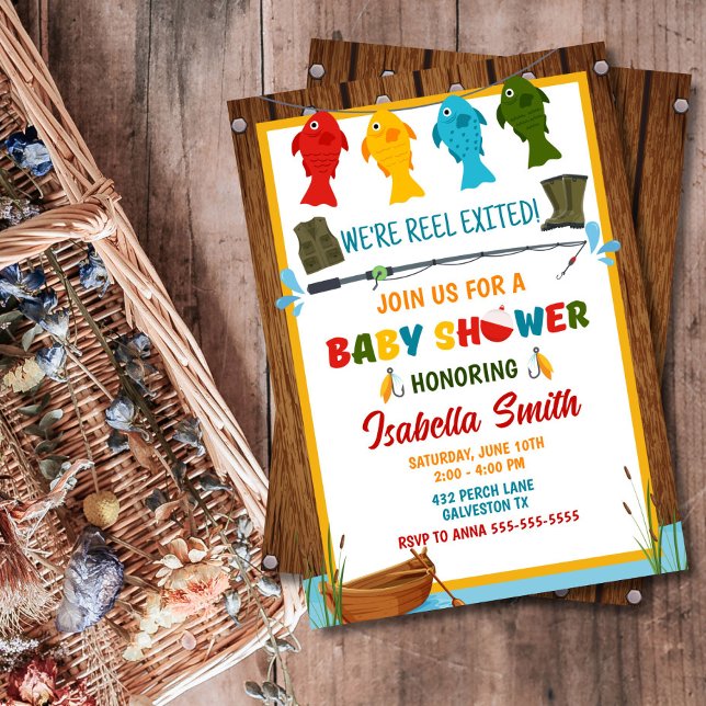 Invitation Baby Shower Pêche Editable  (Rustic & colorful fishing baby shower invite – perfect for new parents, any gender!)