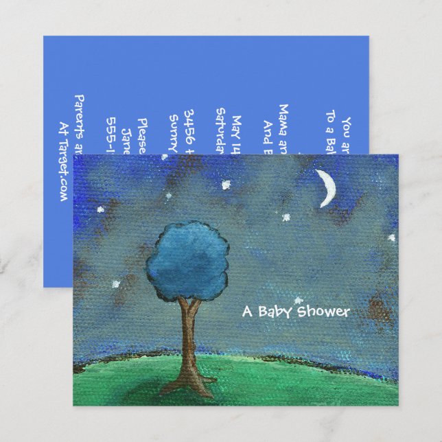 Invitation Baby shower, Peinture Paysage Lune Étoiles Arbre (Devant / Derrière)