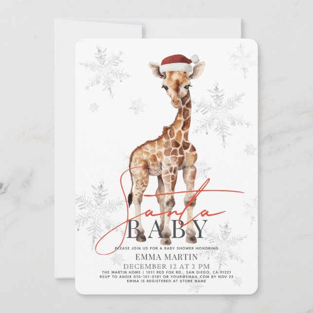 Invitation Baby shower père Noël Baby Giraffe Snowflakes (Devant)