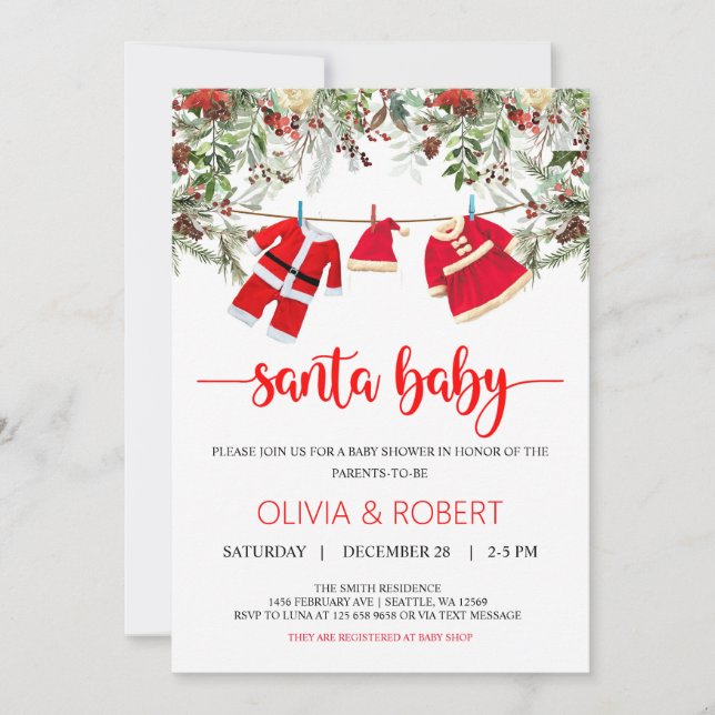 Invitation Baby shower père Noël, Baby shower de Noël (Devant)