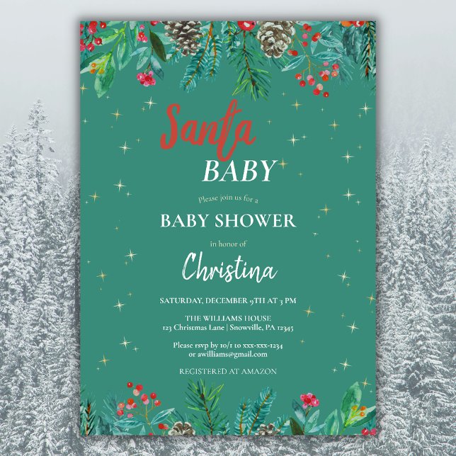 Invitation Baby shower Père Noël de Noël Vert aquarelle (Créateur téléchargé)