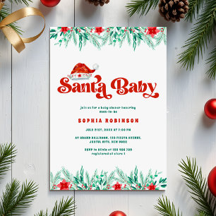 Invitation Baby shower Père Noël Retro Script Winter Greenery