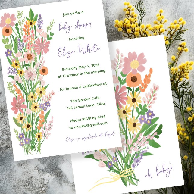 Invitation Baby shower personnalisé peint à la main fleur sau (Wildflowers Bouquet Handpainted Custom Baby Shower Invitation
)
