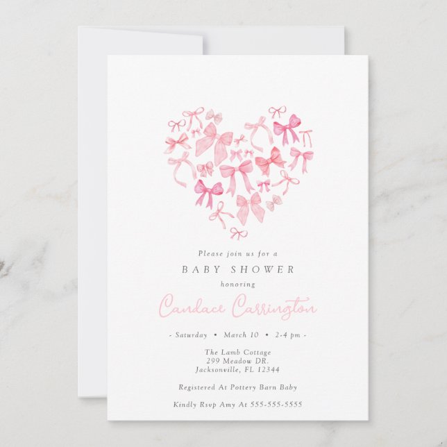Invitation Baby shower personnalisé Pink Heart Bow (Devant)