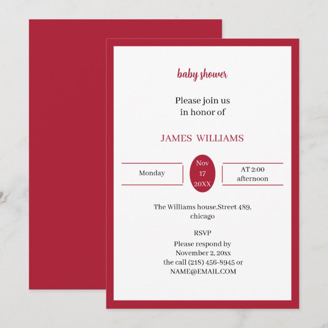 Invitation Baby shower personnalisé rouge (Devant / Derrière)