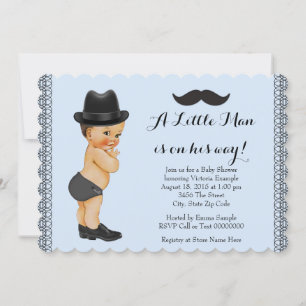 Invitation Baby Shower Petit Homme Bleu et Moustache Noire