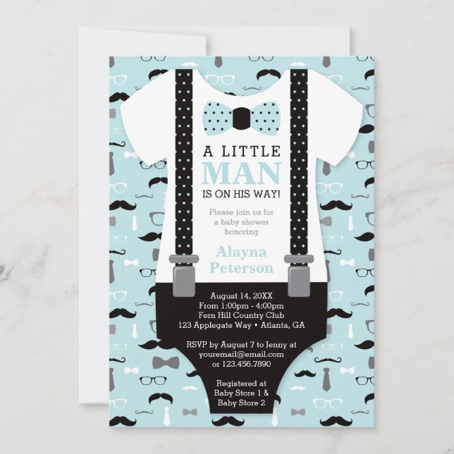 Invitation Baby shower Petit Homme, Bleu, Noir (Devant)