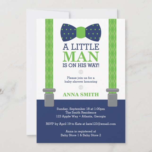 Invitation Baby shower Petit Homme, Bleu, Vert (Devant)