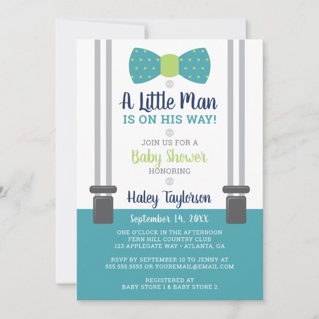 Invitation Baby shower Petit Homme, Bleu, Vert (Devant)