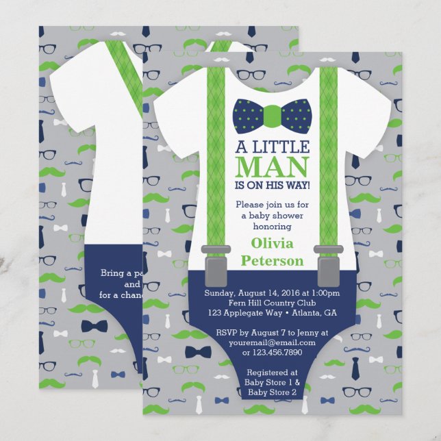 Invitation Baby shower Petit Homme, Bleu, Vert (Devant / Derrière)