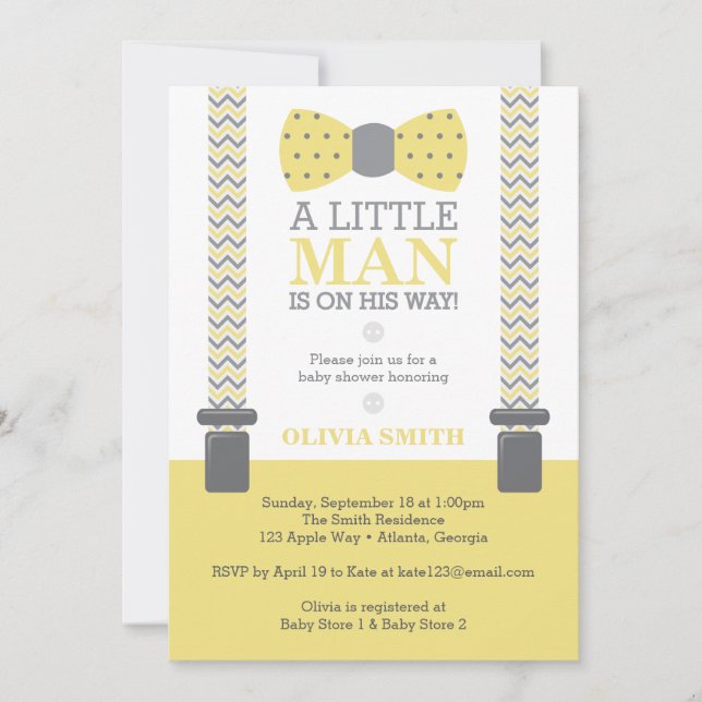 Invitation Baby shower Petit Homme, Jaune, Gris (Devant)
