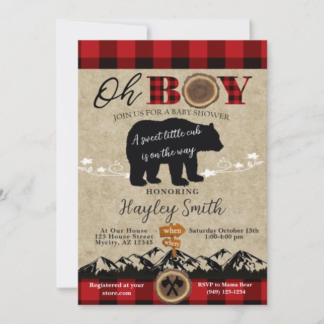 Invitation Baby shower Petit Ours Flannel Lumberjack Thème (Devant)