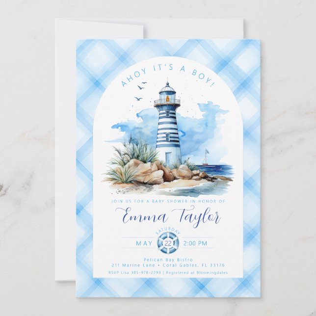 Invitation Baby shower phare bleu marine (Devant)
