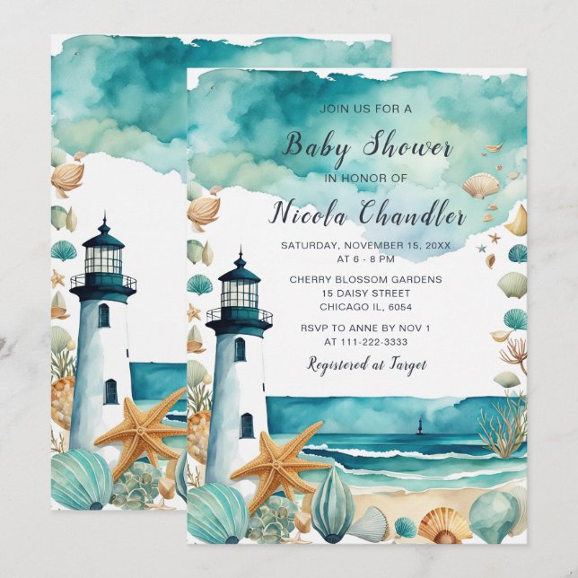 Invitation Baby shower phare nautique (Devant / Derrière)