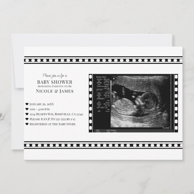 Invitation Baby shower photo de film noir et blanc Ultrasound (Devant)