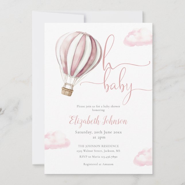 Invitation Baby shower photo de la fille à ballons roses QR C (Devant)