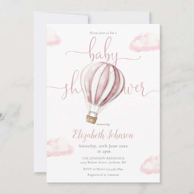 Invitation Baby shower photo de la fille à ballons roses QR C (Devant)