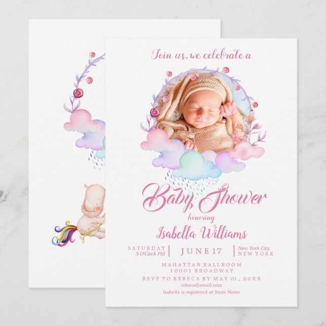 Invitation Baby shower photo fille couleur rose douce (Devant / Derrière)
