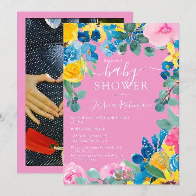 Invitation Baby shower photo floral rose rustique (Devant / Derrière)