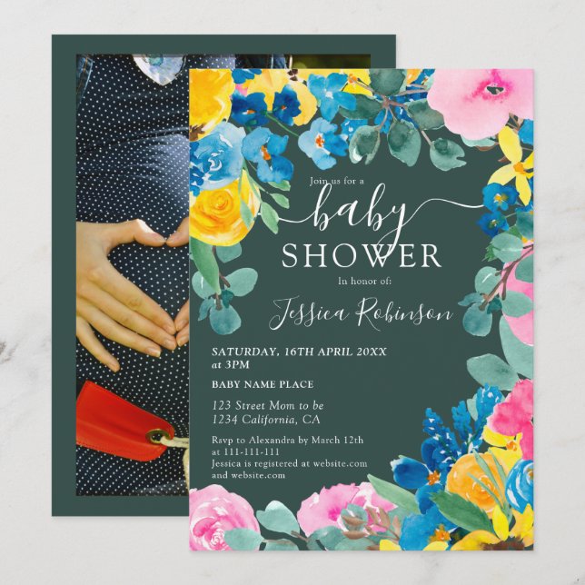 Invitation Baby shower photo floral vert rustique (Devant / Derrière)