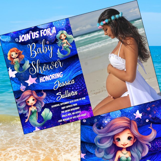 Invitation Baby shower photo Mermaid Deep Blue Purple Sea (Stunning deep blue and purple sea Mermaid Baby Shower theme.)
