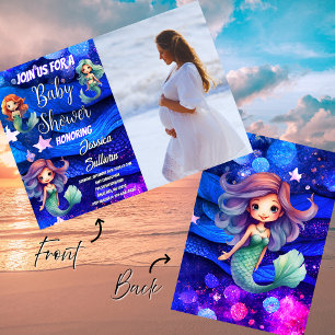 Invitation Baby shower photo Mermaid Deep Blue Purple Sea