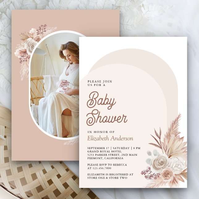 Invitation Baby shower photo Neutral Beige Floral Pampas (Créateur téléchargé)