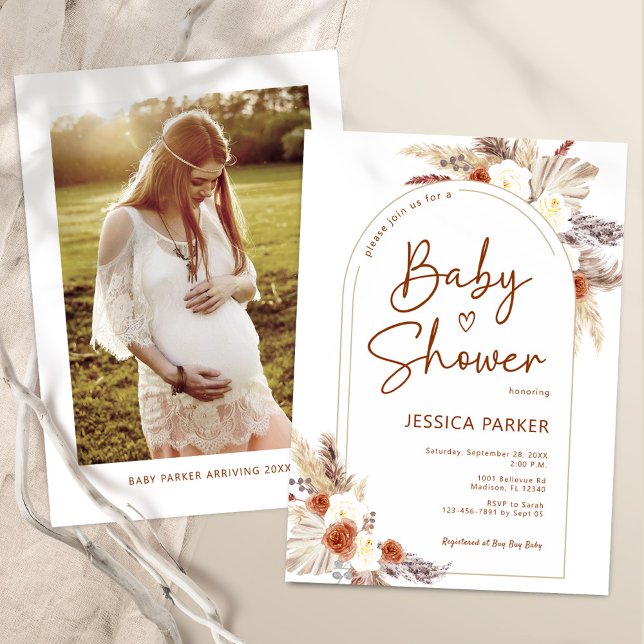 Invitation Baby shower photo Pampas Grass Boho Terracotta (Créateur téléchargé)