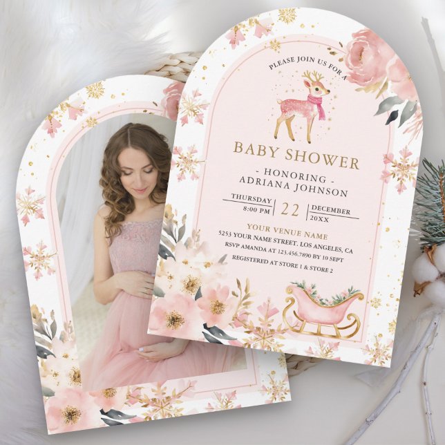 Invitation Baby shower photo Pink Deer Winter Wonderland (Créateur téléchargé)