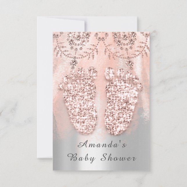 Invitation Baby shower Pieds Argent Fille Royal Rose dentelle (Dos)