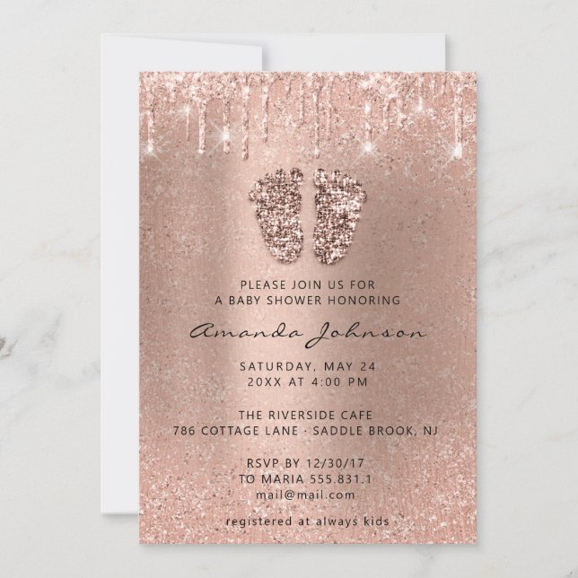 Invitation Baby shower Pieds Parties scintillant Rose Glitter (Devant)