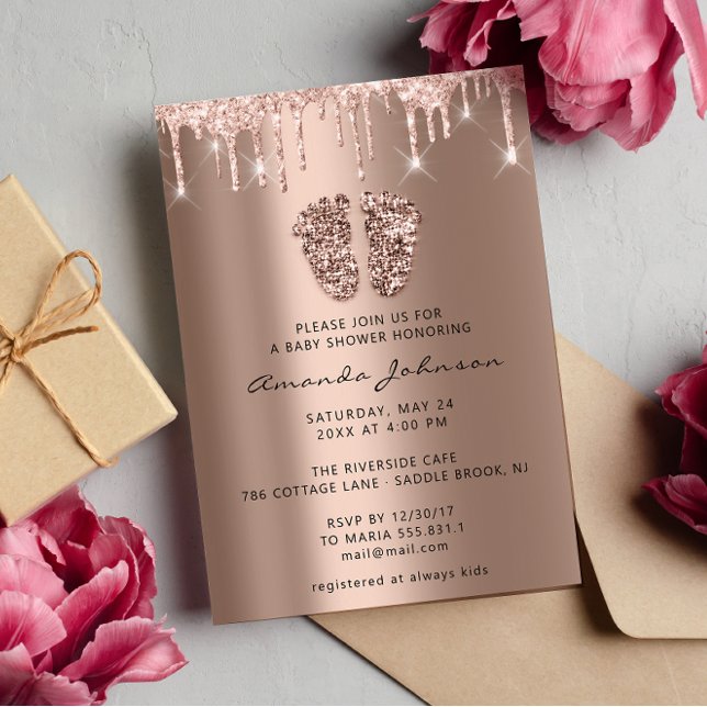Invitation Baby shower Pieds Parties scintillant Rose Gold Dr (Baby Shower Feet Glitter Rose Gold Drips Boy Girl Invitation)